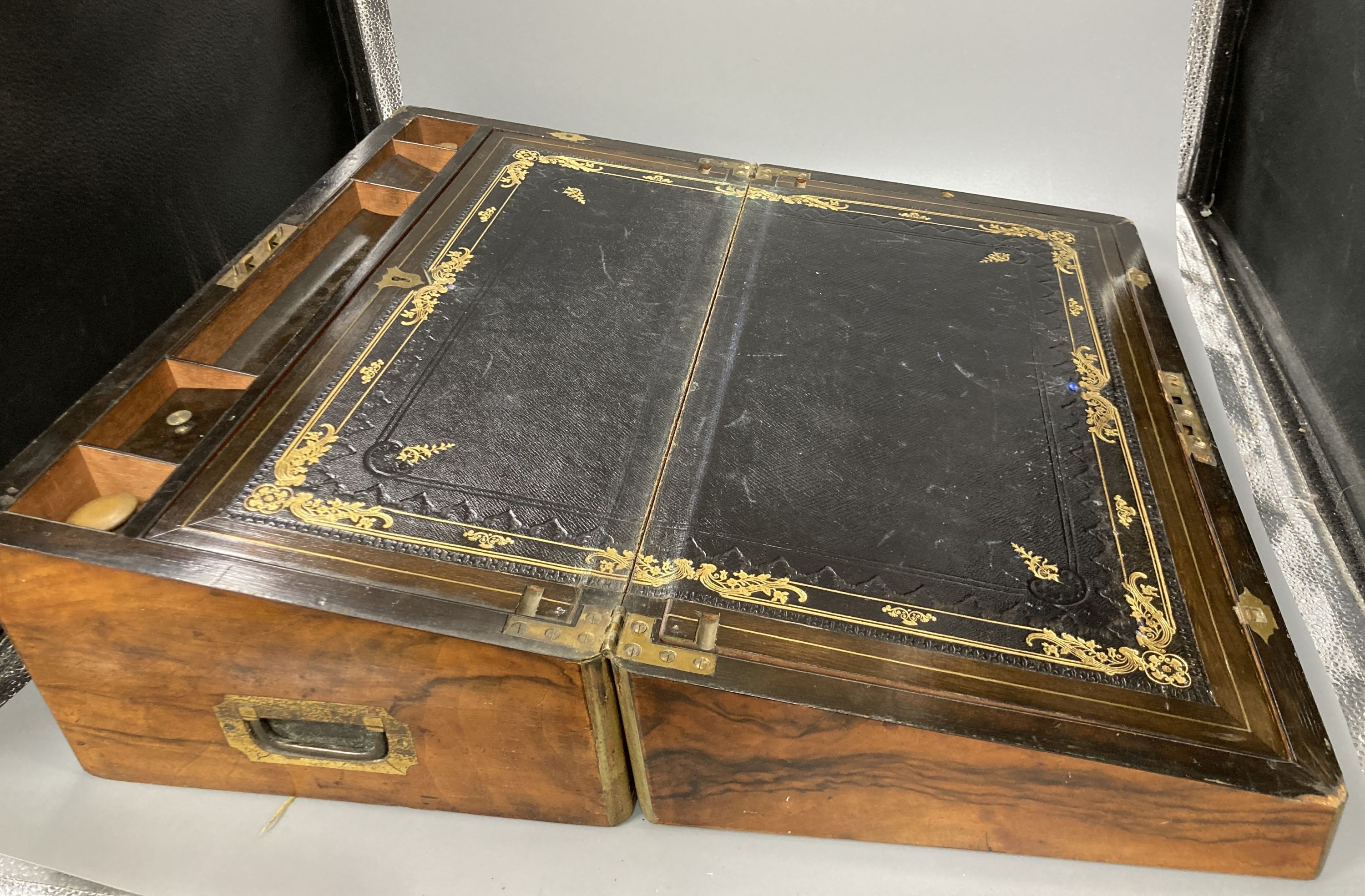 A Victorian brass inset walnut writing slope, 50cm